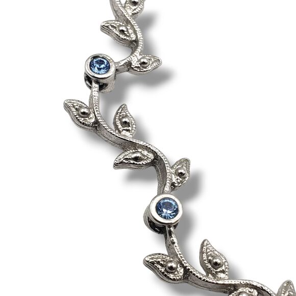 Silver Tone Leaf Vine Link Blue Rhinestone Collar Necklace Nice 18KTCH MCM Retro - Picture 6 of 11